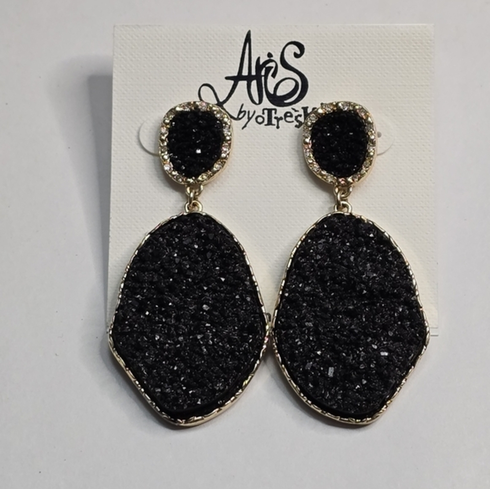 Aris by Treska Black‎ Druzy Gold Tone Crystal Halo Drop Statement Earrings NEW